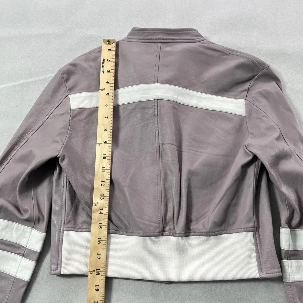 JKT NYC Leather Jacket Womens XS Purple White Stripe‎ Moto Racer Cropped Rib Hem